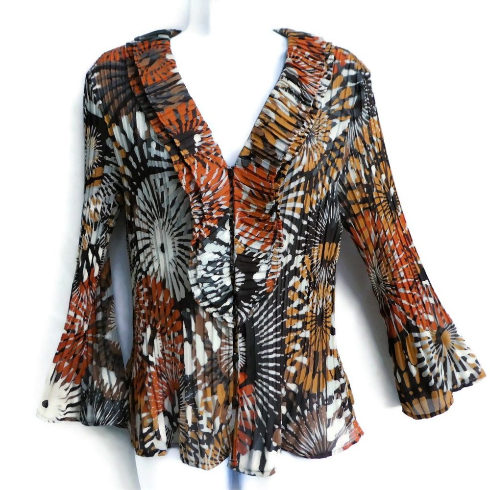 Sunny Leigh Boho Blouse Mod Floral Psychedelic Crinkle Pleated Brown M